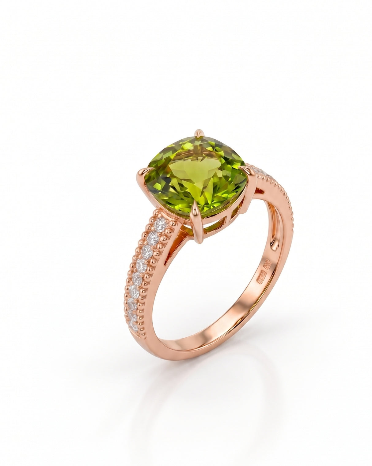 Arcadia cushion green tourmaline ring with diamond shoulders in 18K Rose Gold | SARATTI