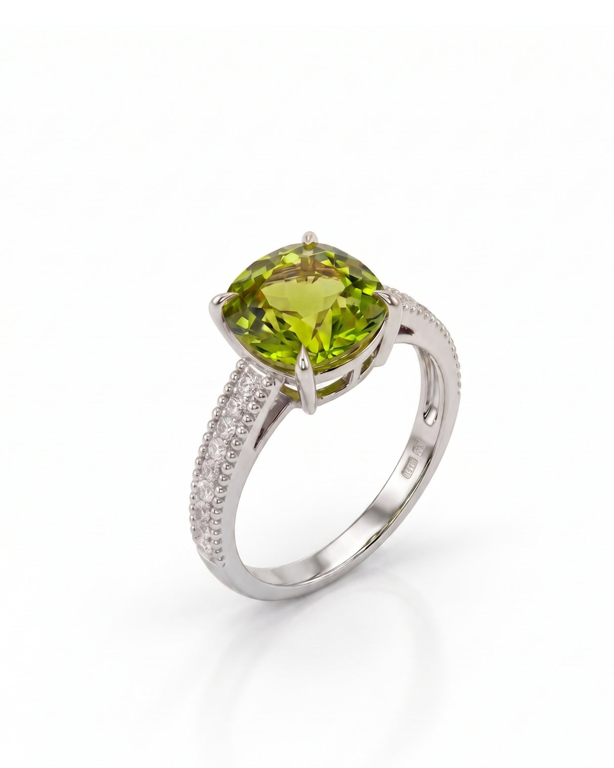 Arcadia cushion green tourmaline ring with diamond shoulders in 18K White Gold | SARATTI
