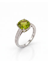 Arcadia cushion green tourmaline ring with diamond shoulders in 18K White Gold | SARATTI