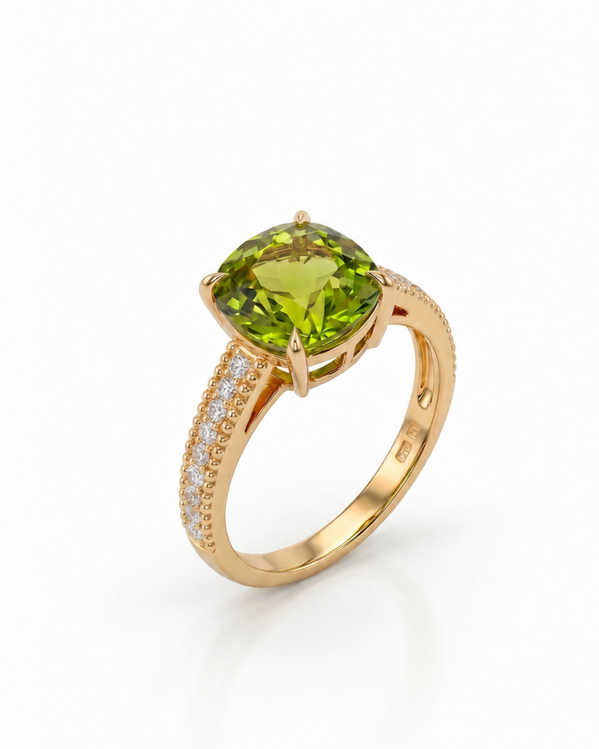 Arcadia cushion green tourmaline ring with diamond shoulders in 18K Yellow Gold | SARATTI