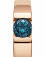 Architectural blue diamond ring with sculpted shoulders and minimalist wide band in 18K rose gold | SARATTI
