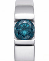 Architectural blue diamond ring with sculpted wide band and minimalist polished platinum structure | SARATTI