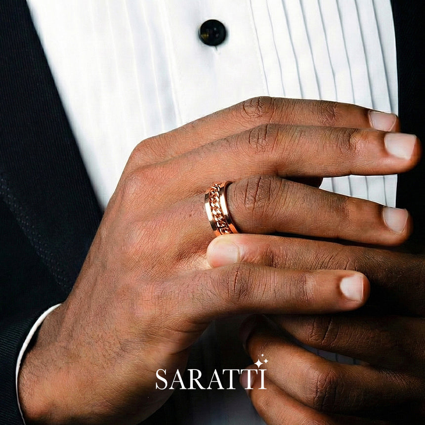 Architectural chain men’s wedding band 18k rose gold sculpted chain ring | SARATTI