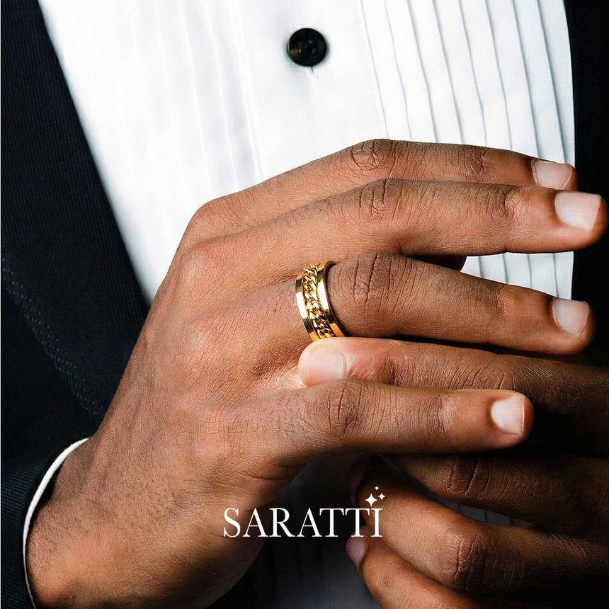 Architectural chain men’s wedding band 18k yellow gold sculpted chain ring | SARATTI