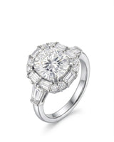 Architectural cushion moissanite ring with structured halo and tapered baguette shoulders in platinum | SARATTI