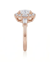 Architectural cushion moissanite ring with structured halo and tapered baguette shoulders in rose gold | SARATTI