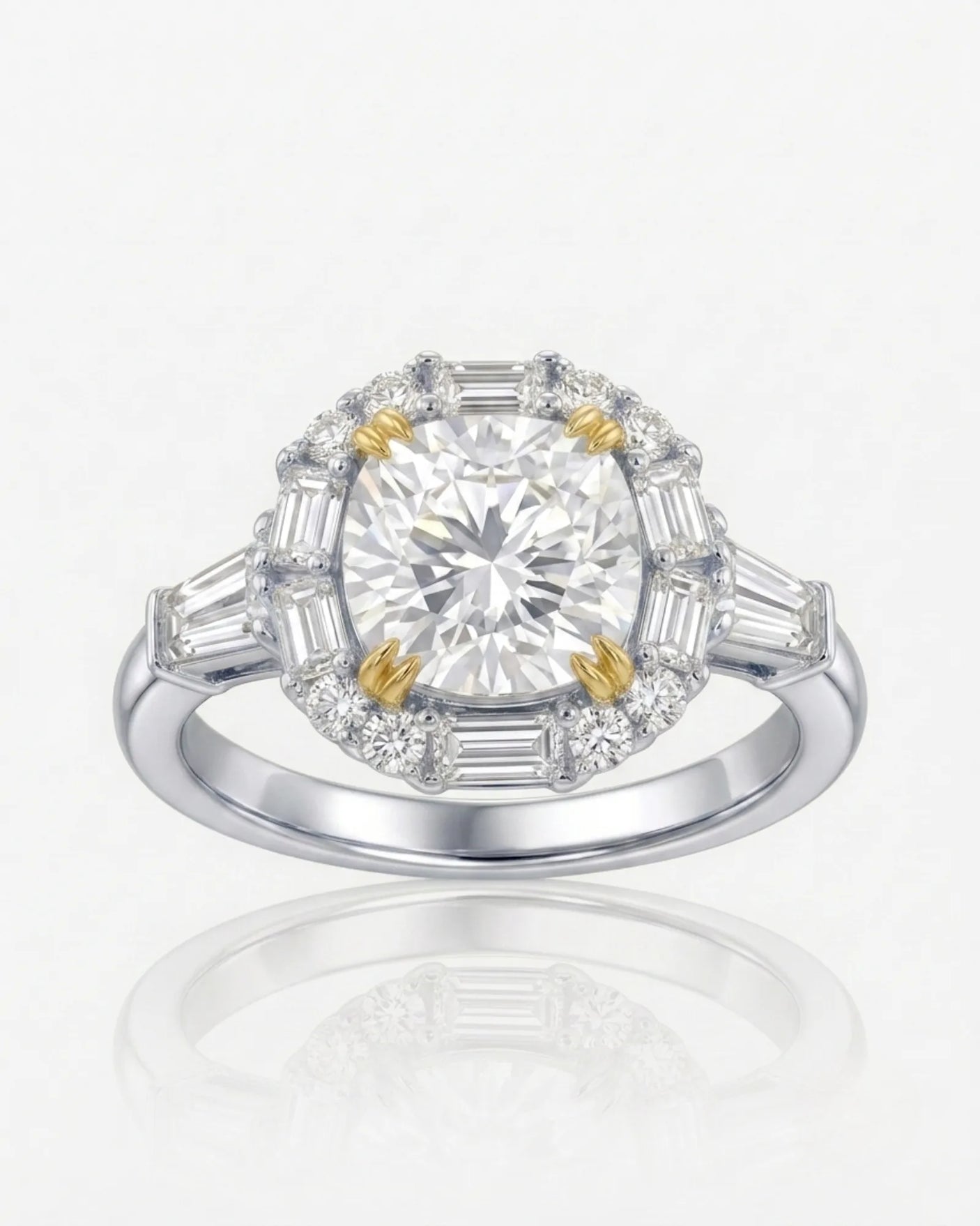 Architectural cushion moissanite ring with structured halo and tapered baguette shoulders in two tone | SARATTI