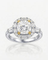 Architectural cushion moissanite ring with structured halo and tapered baguette shoulders in two tone | SARATTI