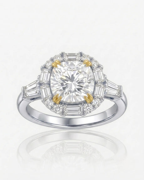 Architectural cushion moissanite ring with structured halo and tapered baguette shoulders in two tone | SARATTI