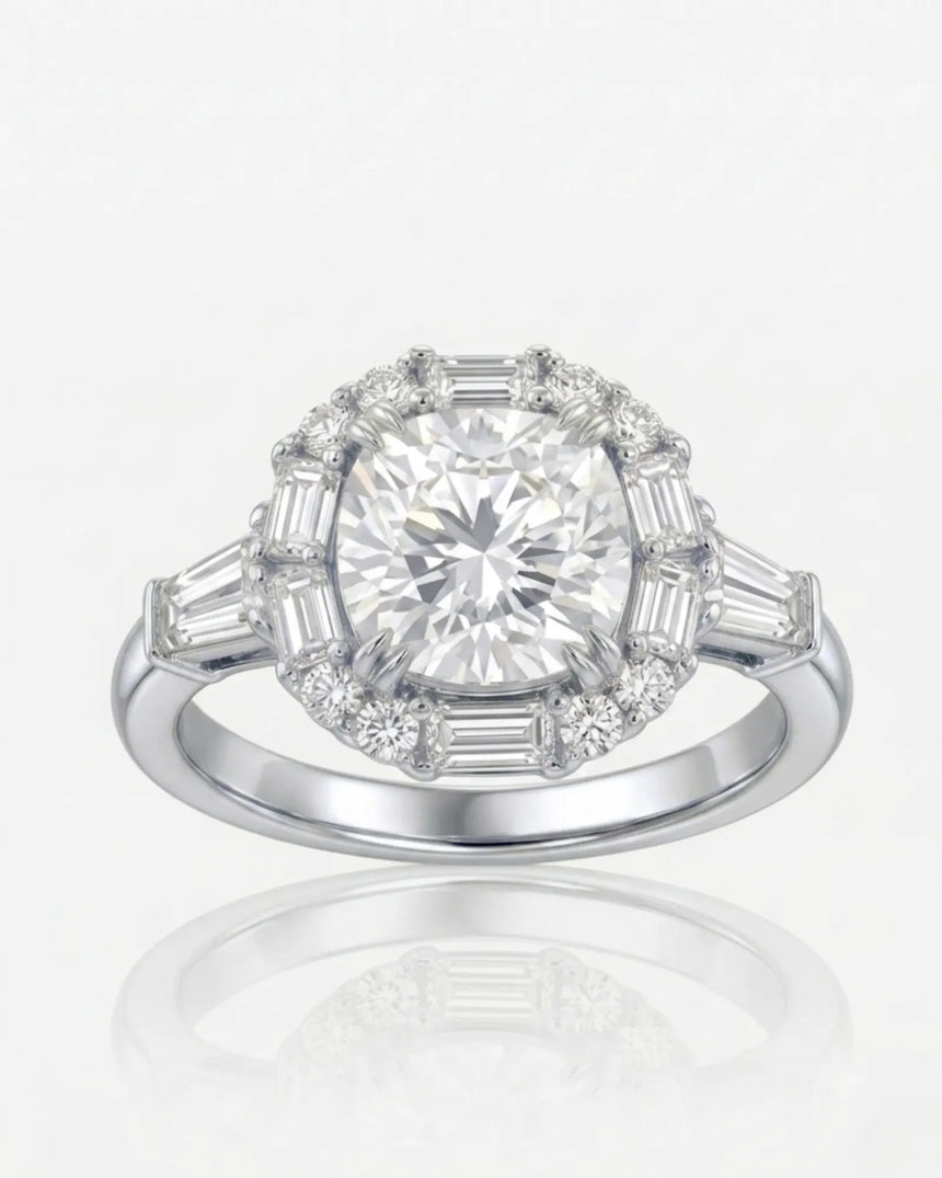 Architectural cushion moissanite ring with structured halo and tapered baguette shoulders in white gold | SARATTI