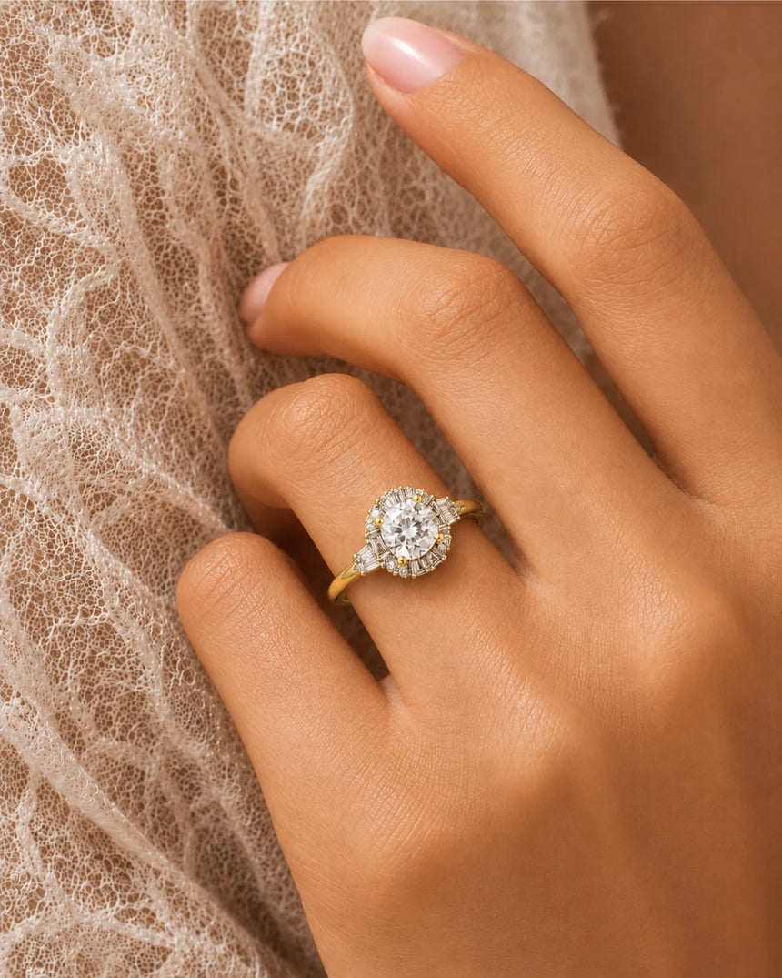 Architectural cushion moissanite ring with structured halo and tapered baguette shoulders in yellow gold | SARATTI