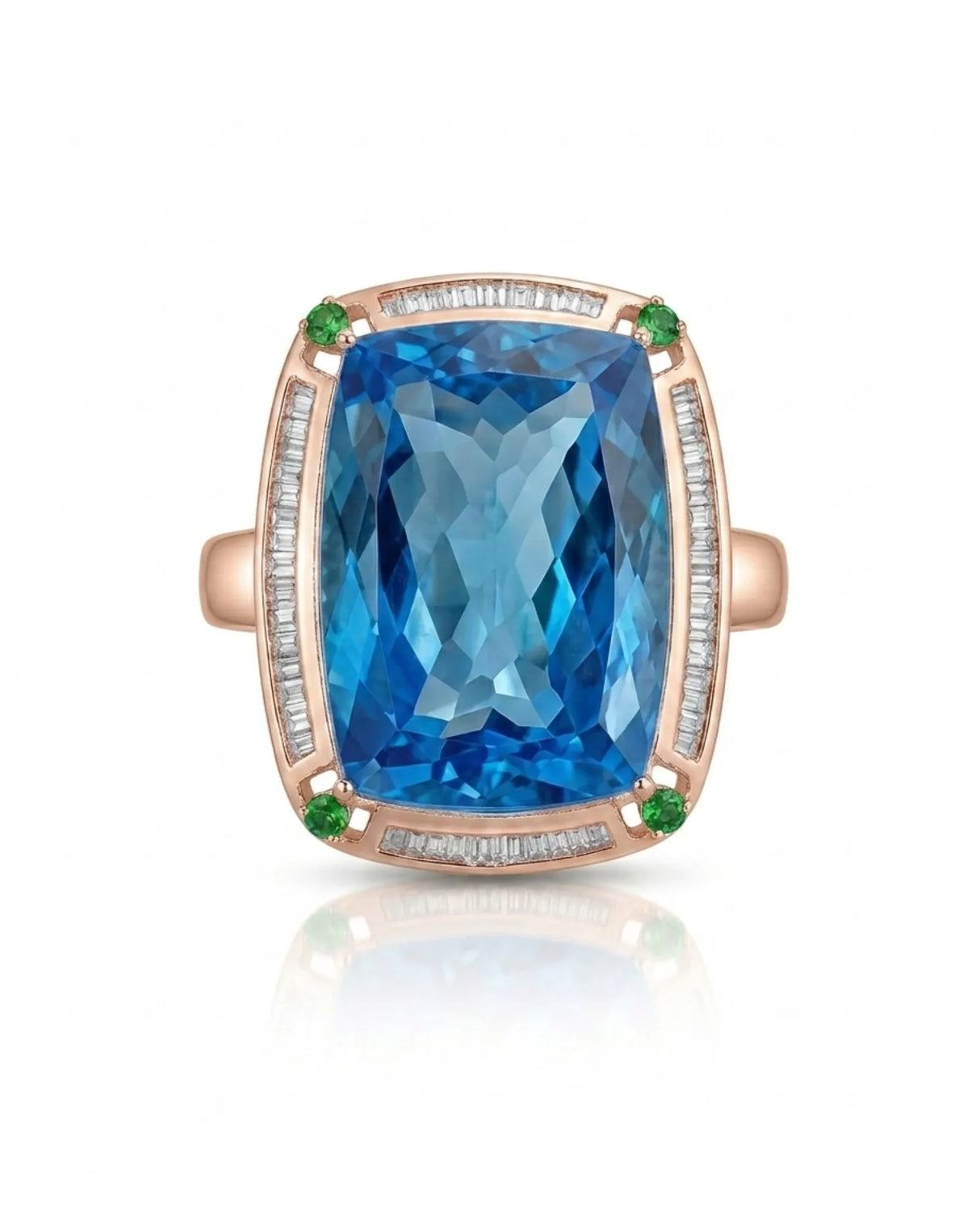 Architectural cushion topaz ring with geometric diamond frame and open gallery in 18K rose gold | SARATTI