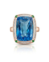 Architectural cushion topaz ring with geometric diamond frame and open gallery in 18K rose gold | SARATTI