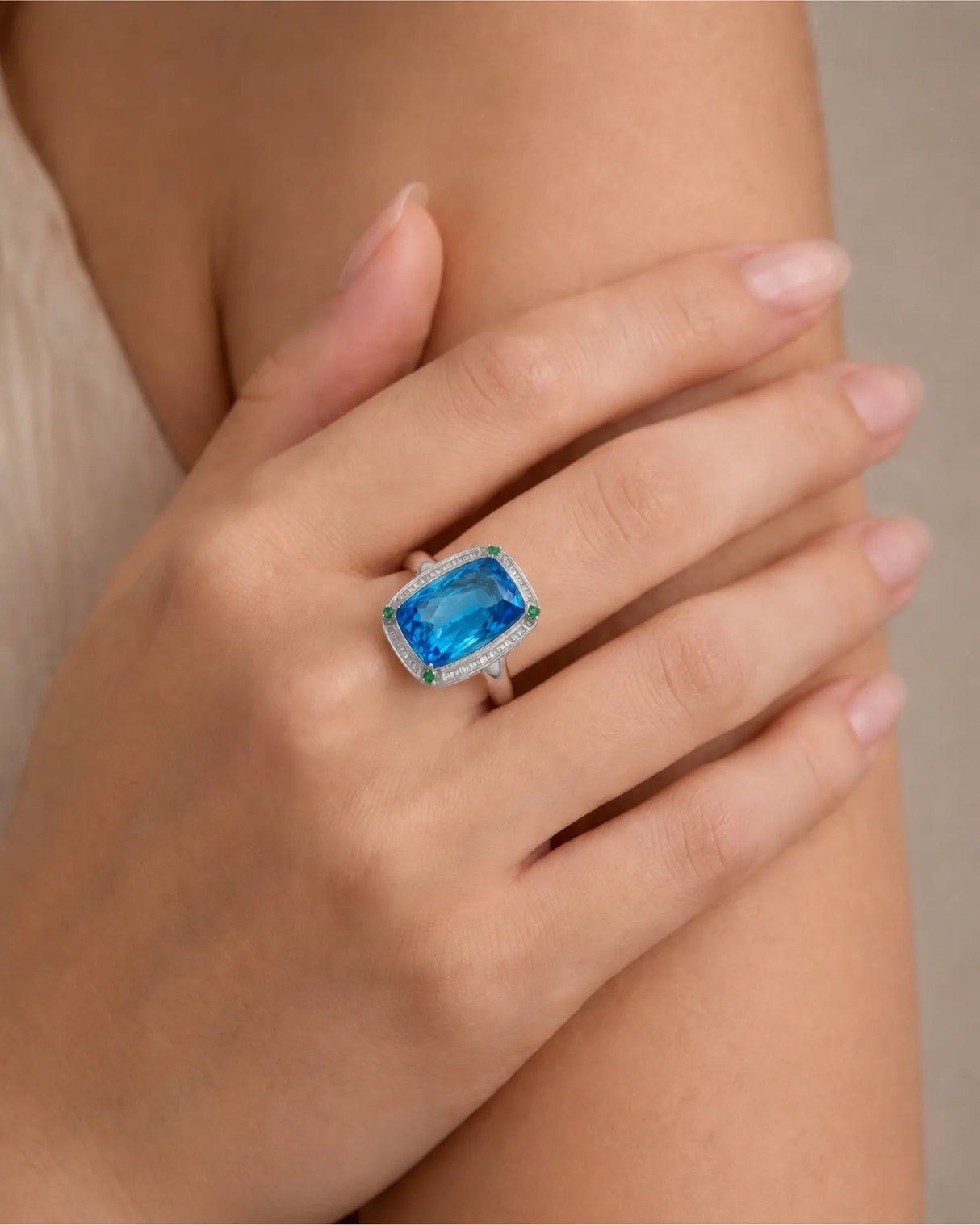 Architectural cushion topaz ring with geometric diamond frame and open gallery in 18K white gold | SARATTI