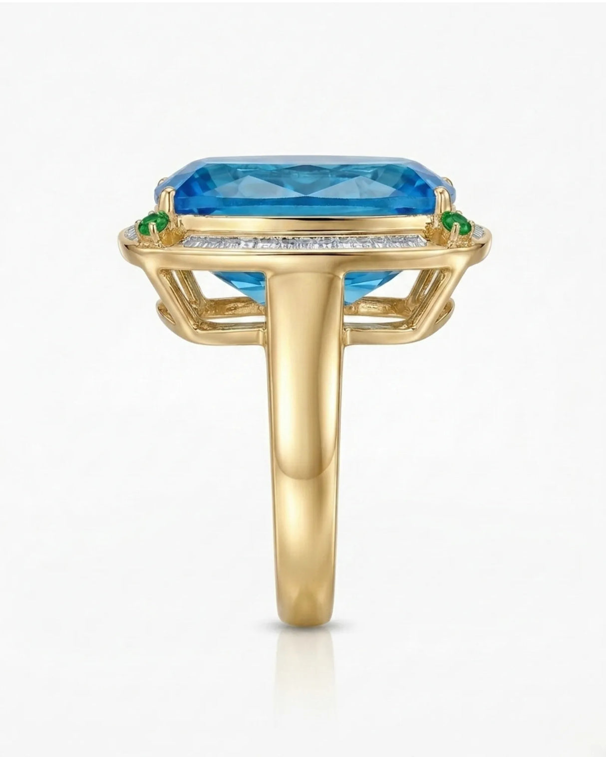 Architectural cushion topaz ring with geometric diamond frame and open gallery in 18K yellow gold | SARATTI