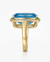 Architectural cushion topaz ring with geometric diamond frame and open gallery in 18K yellow gold | SARATTI