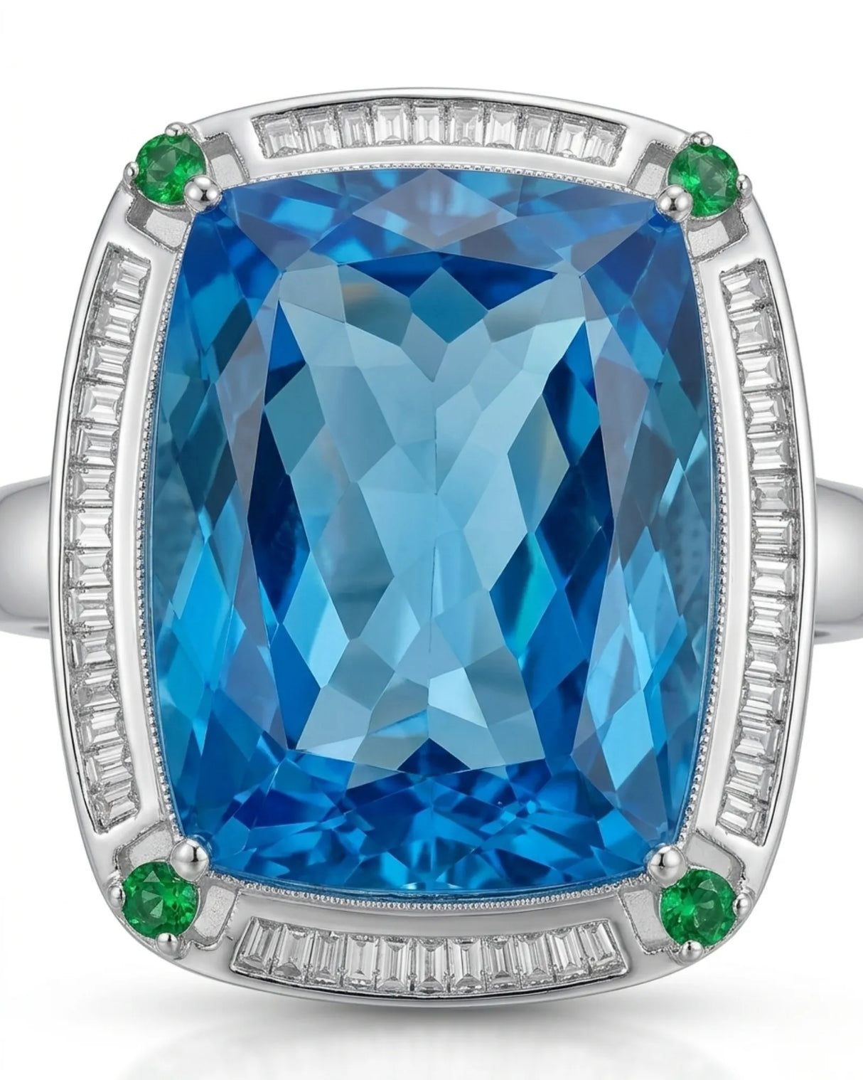 Architectural cushion topaz ring with geometric diamond frame and open gallery in platinum | SARATTI