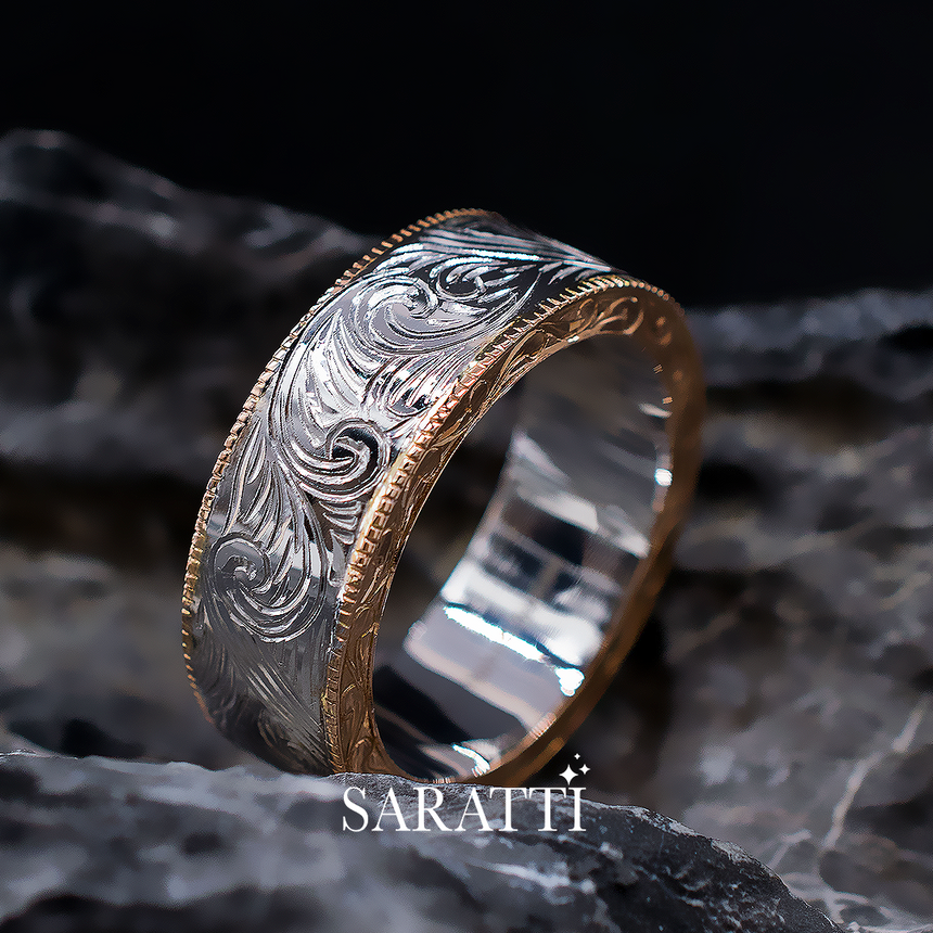 Architectural men’s band 18k rose and white gold aurelian scroll engraving | SARATTI