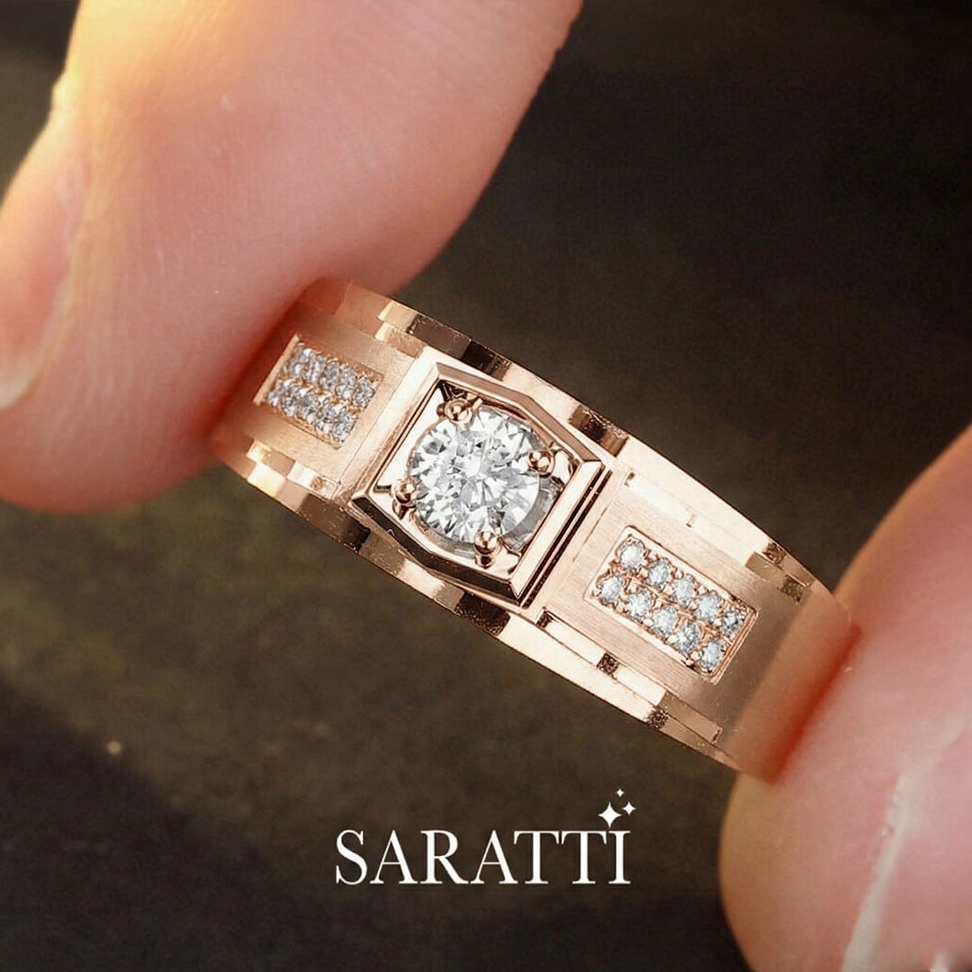 Architectural men’s diamond band in 18k rose gold with square framed diamond | SARATTI
