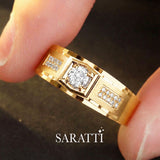 Architectural men’s diamond band in 18k yellow gold with square framed diamond | SARATTI