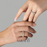 Architectural men’s layered band 18k white and yellow gold diamond center milgrain detailing | SARATTI