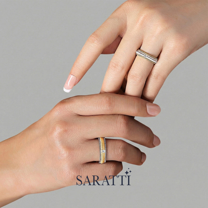 Architectural men’s layered band 18k white and yellow gold diamond center milgrain detailing | SARATTI