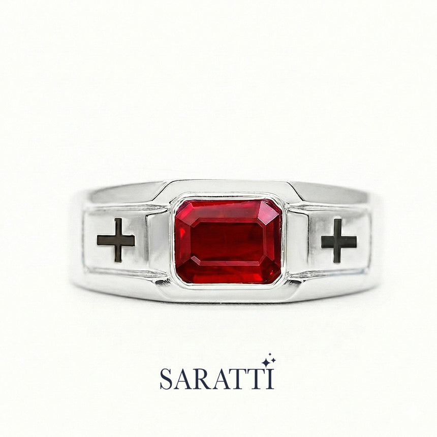 Architectural men’s ruby ring 18k white gold emerald cut ruby cross band | SARATTI