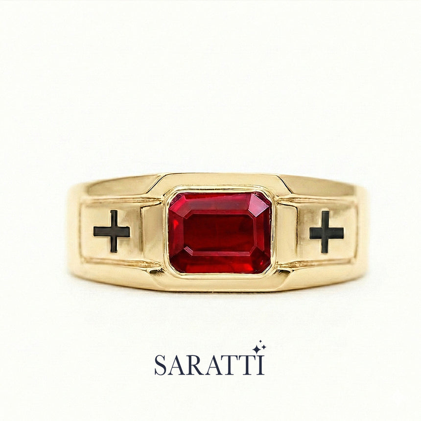 Architectural men’s ruby ring 18k yellow gold emerald cut ruby cross band | SARATTI