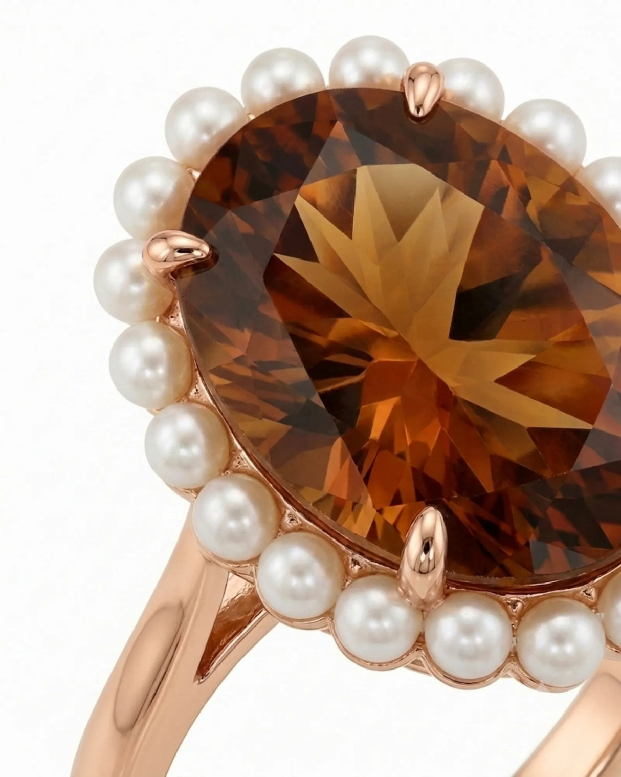 Architectural pearl halo ring framing a champagne Imperial Topaz in polished 18K rose gold | SARATTI