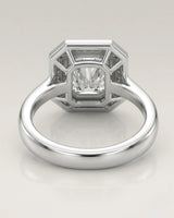 Architectural platinum radiant cut ring with brilliant halo-set moissanite | SARATTI