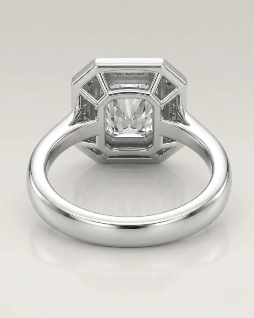 Architectural platinum radiant cut ring with brilliant halo-set moissanite | SARATTI
