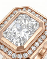 Architectural rose gold radiant cut ring with brilliant halo-set moissanite | SARATTI