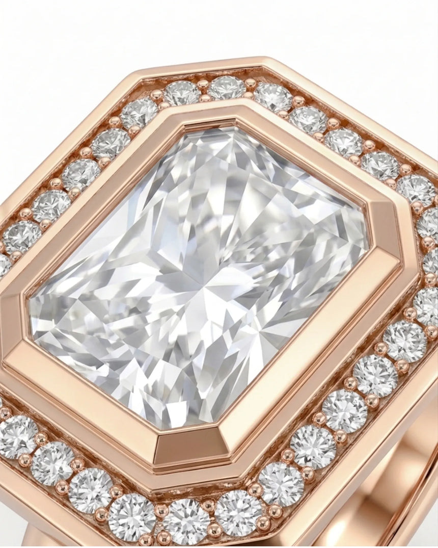 Architectural rose gold radiant cut ring with brilliant halo-set moissanite | SARATTI