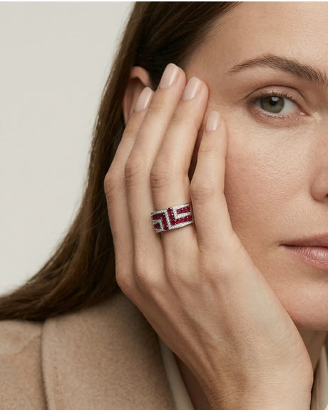 Architectural ruby diamond statement ring in 18K white gold front view luxury design | SARATTI