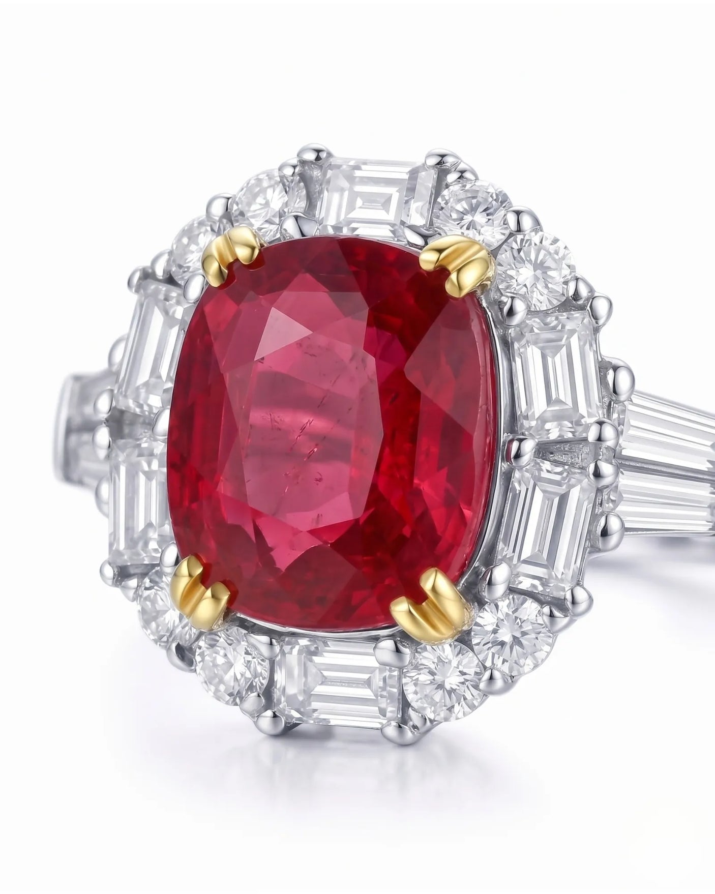 Architectural ruby ring with round, baguette, and emerald-cut diamonds in two tone | SARATTI