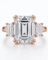 Architectural three stone moissanite engagement ring with soft rose gold setting | SARATTI