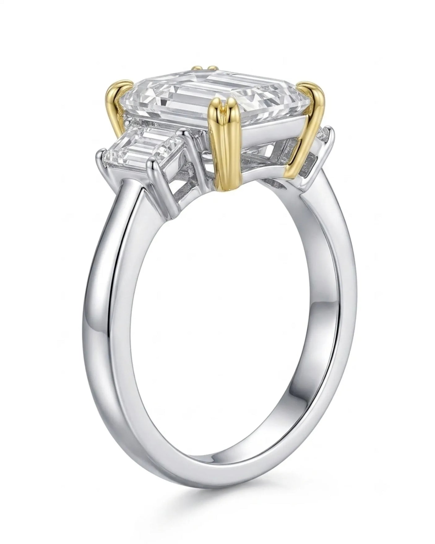 Architectural three stone moissanite engagement ring with two-tone prong detail two tone | SARATTI