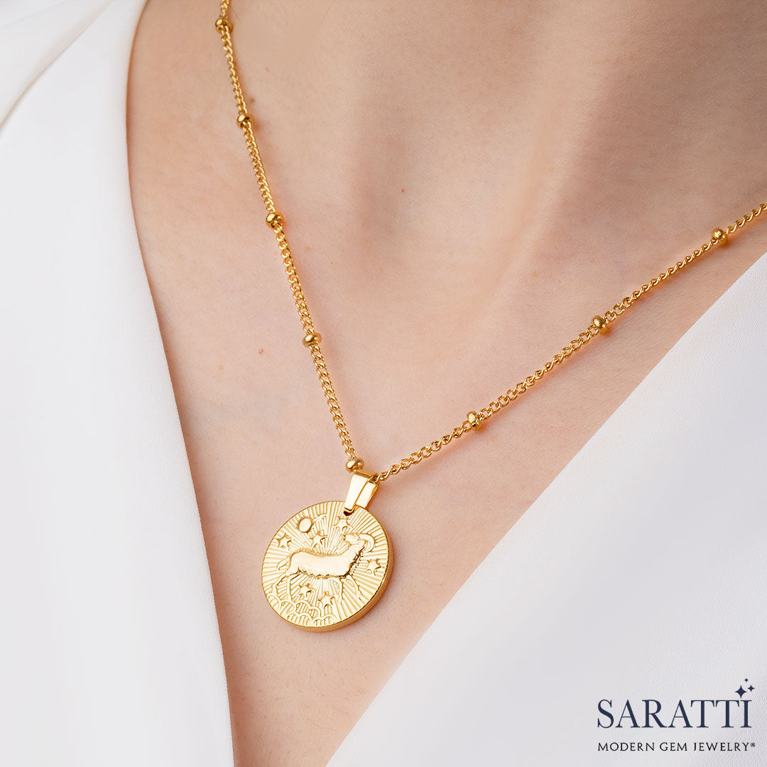 Aries on Neck Gold Zodic Necklace in 18k Gold | Saratti