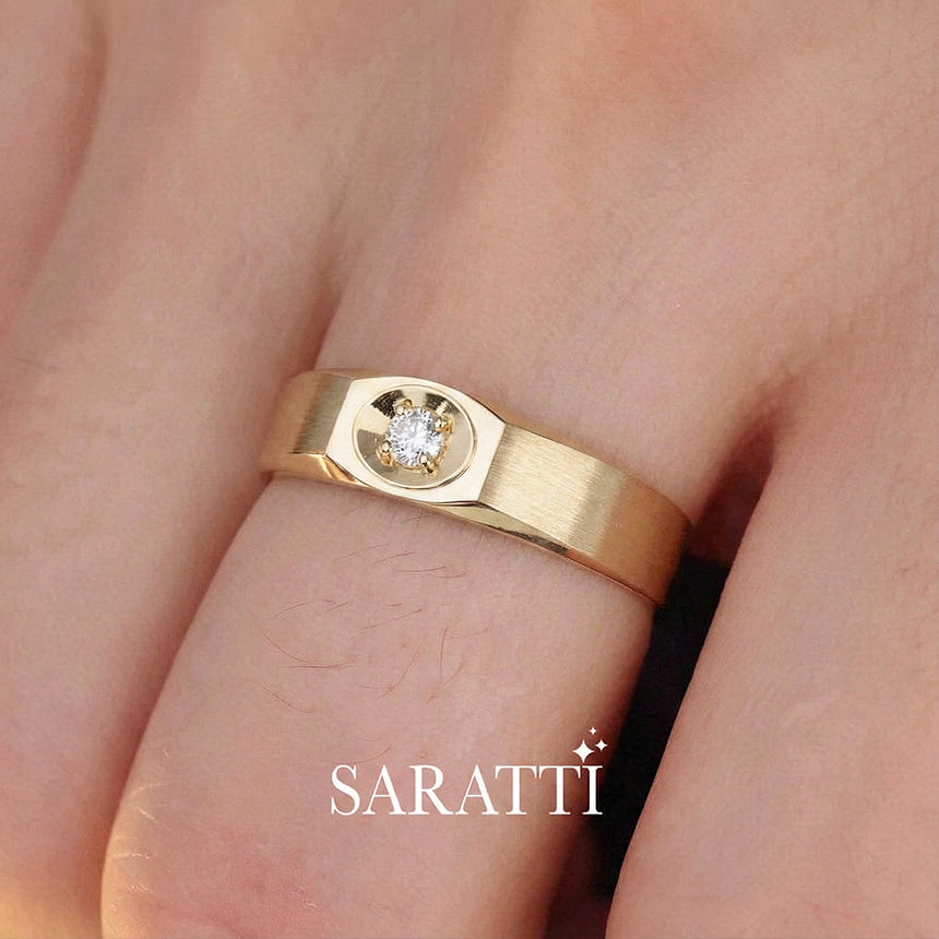 Art Deco Dome diamond ring broad oval background design in 18K yellow gold | SARATTI