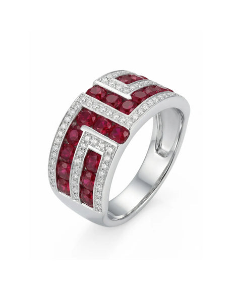 Natural ruby and diamond geometric band ring in 18K white gold close-up detail | SARATTI