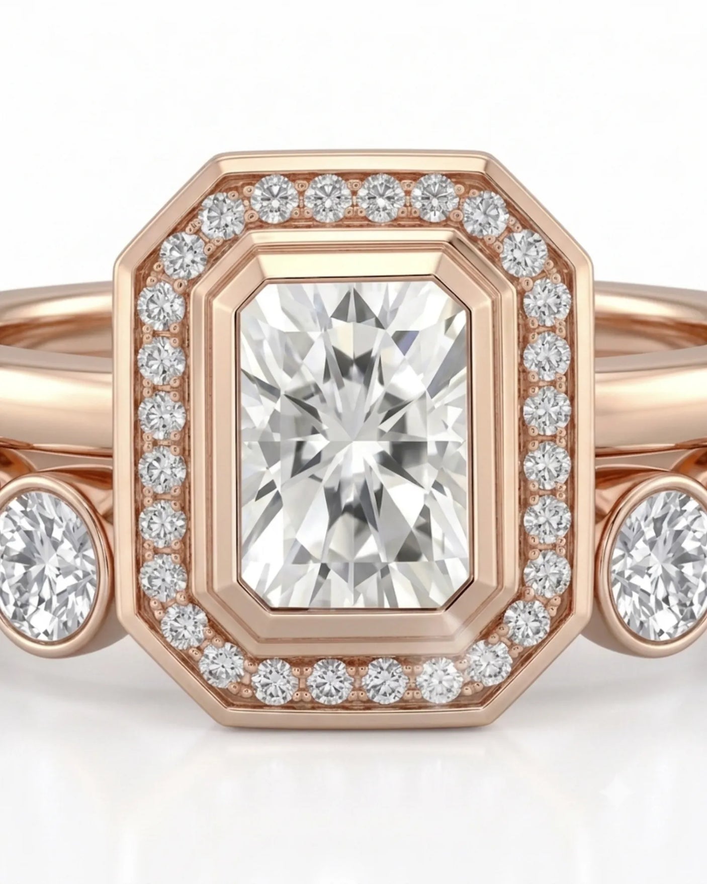 Art Deco moissanite engagement ring with stepped geometric halo and round accents in 18K rose gold | SARATTI