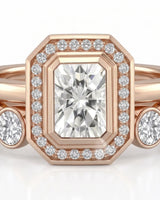 Art Deco moissanite engagement ring with stepped geometric halo and round accents in 18K rose gold | SARATTI