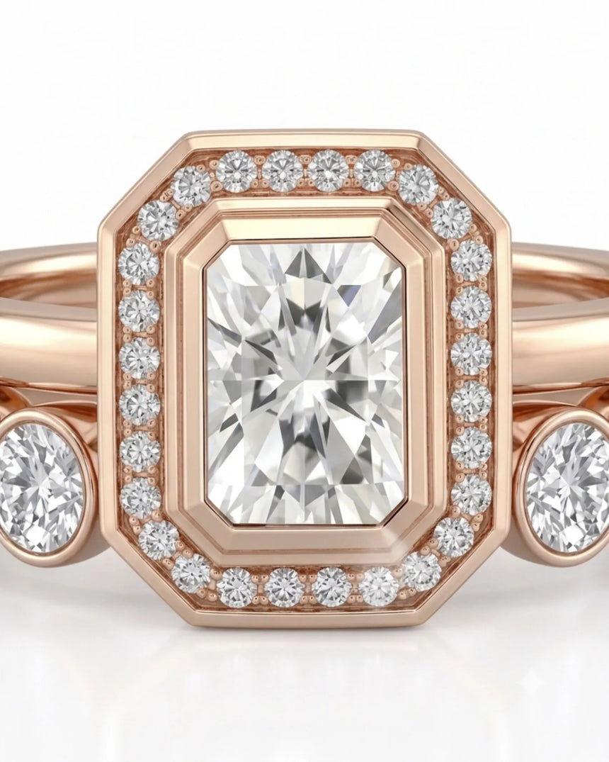 Art Deco moissanite engagement ring with stepped geometric halo and round accents in 18K rose gold | SARATTI