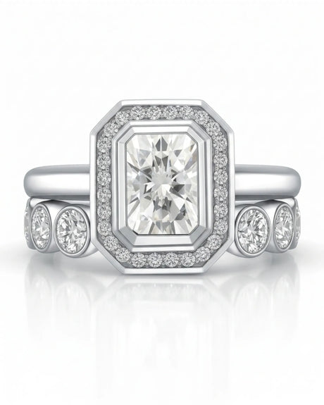Art Deco moissanite engagement ring with stepped geometric halo and round accents in 18K white gold | SARATTI