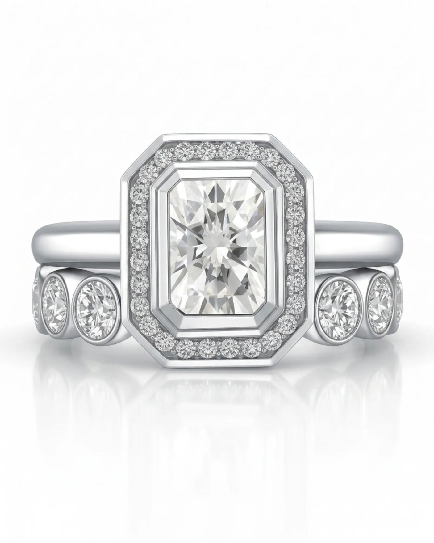 Art Deco moissanite engagement ring with stepped geometric halo and round accents in polished platinum | SARATTI