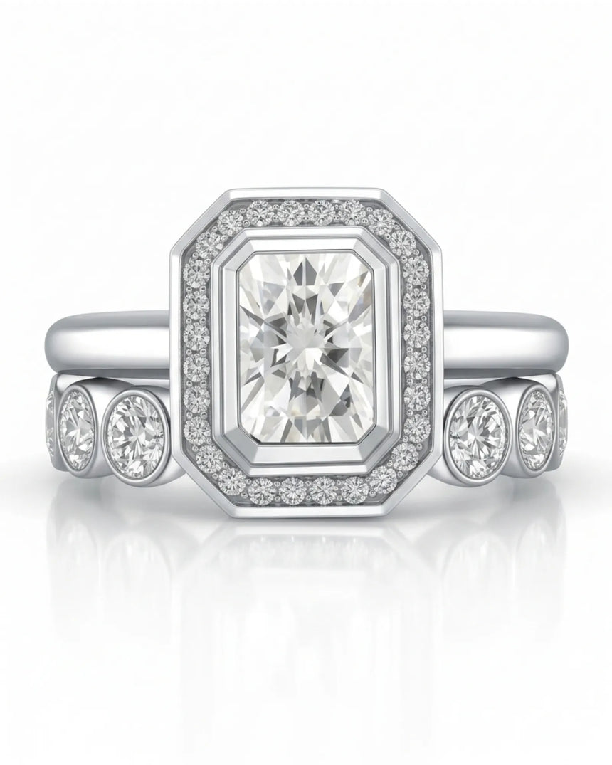 Art Deco moissanite engagement ring with stepped geometric halo and round accents in polished platinum | SARATTI