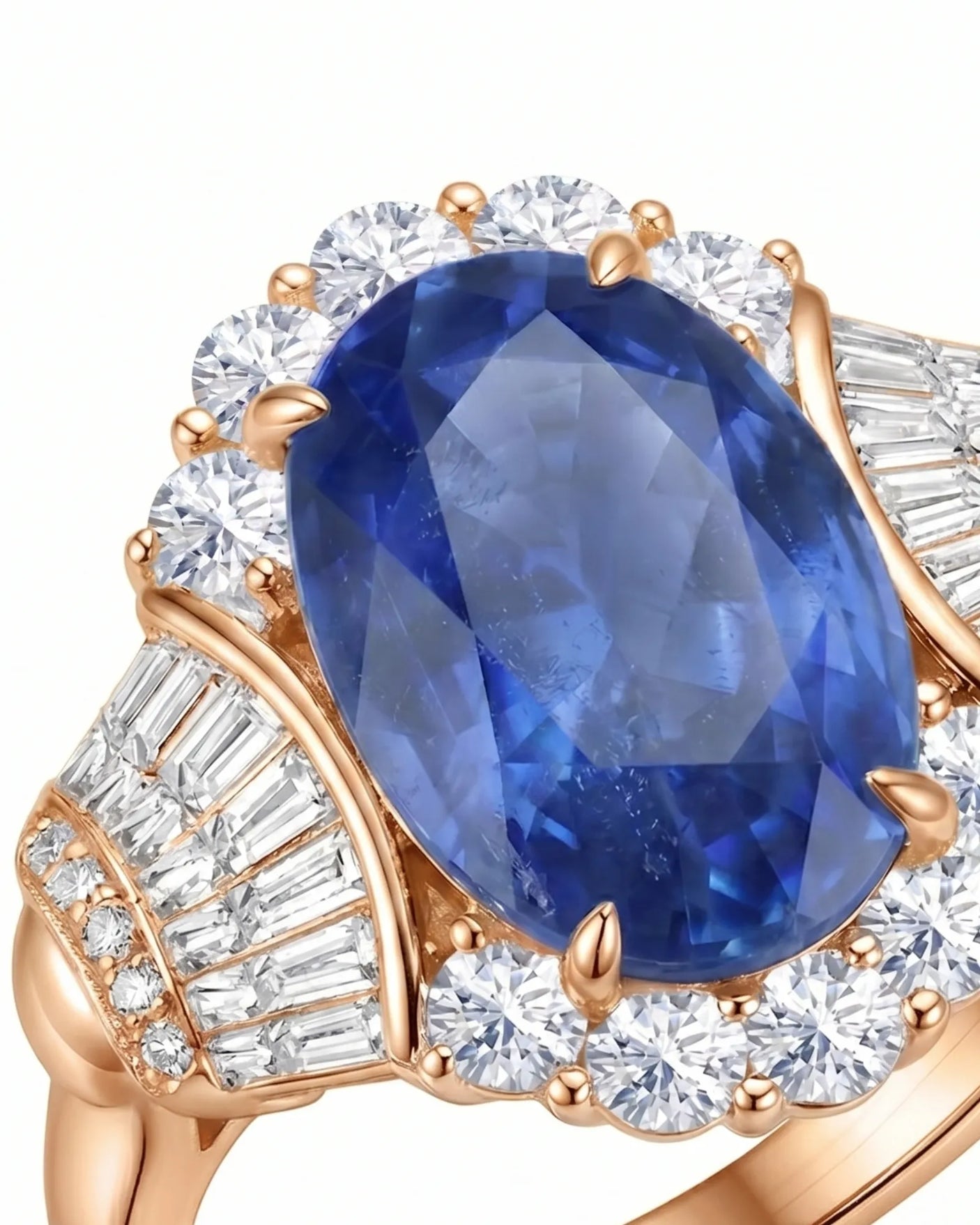 Art Deco sapphire ring with round and tapered baguette diamonds in rose gold | SARATTI