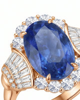 Art Deco sapphire ring with round and tapered baguette diamonds in rose gold | SARATTI