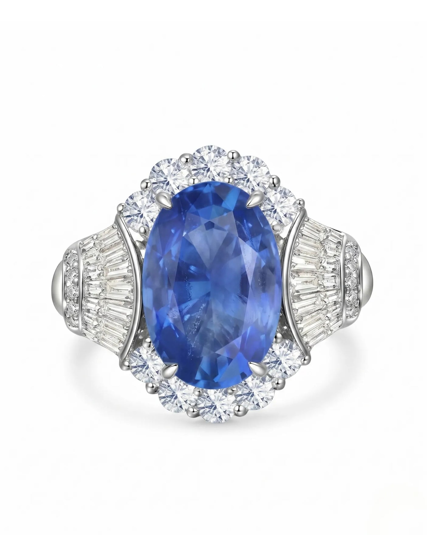 Art Deco sapphire ring with round and tapered baguette diamonds in white gold | SARATTI