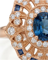 Art Deco topaz ring with radiating openwork and diamond details in 18K rose gold | SARATTI